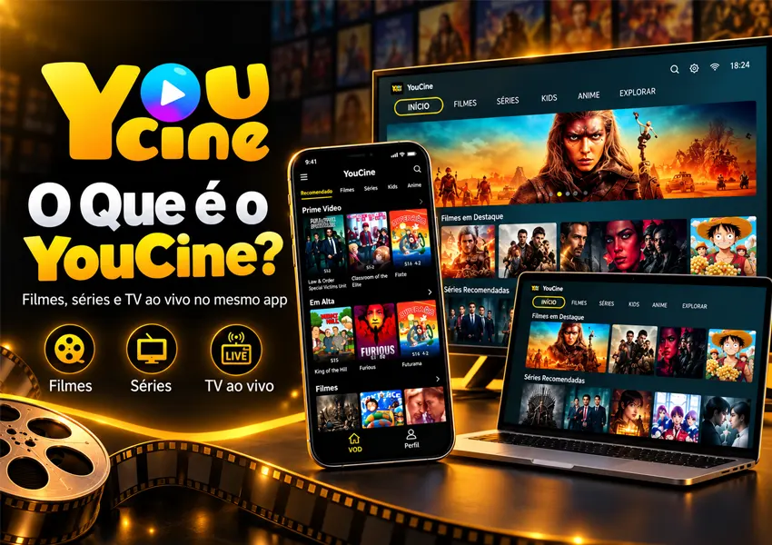 A imagem ilustra os dispositivos com o aplicativo YouCine instalado.