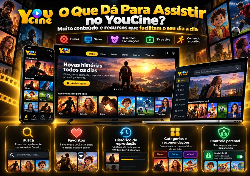A imagem mostra as categorias disponíveis para assistir no YouCine App.