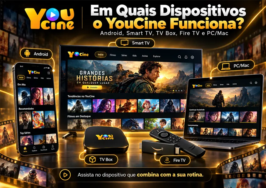 A imagem mostra os diferentes dispositivos que podem instalar o YouCine App.