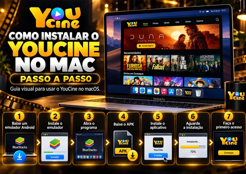 A imagem mostra os passos para instalar o YouCine no Mac.